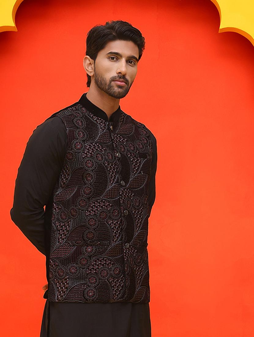men embroidered mandarin neck nehru jacket - 21855593 - Standard Image - 2