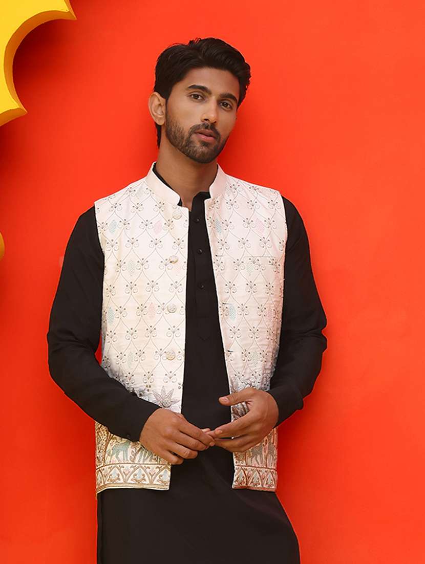 men embroidered mandarin neck nehru jacket