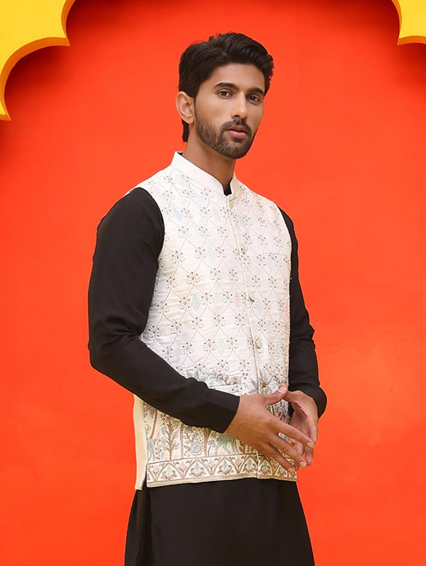 men embroidered mandarin neck nehru jacket - 21855594 - Standard Image - 2