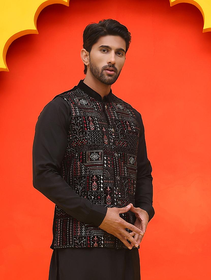 men embroidered mandarin neck nehru jacket - 21855595 - Standard Image - 2