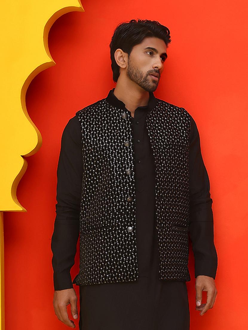 men embroidered mandarin neck nehru jacket - 21855596 - Standard Image - 2