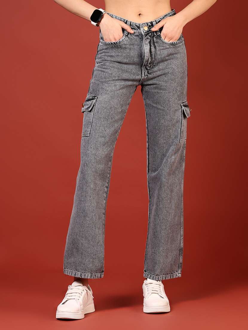 women solid mid rise denim cargo