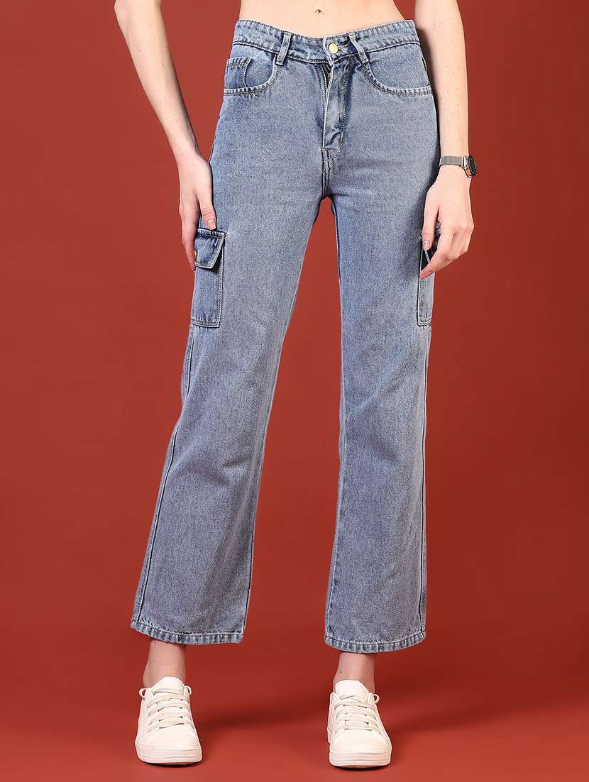women solid mid rise denim cargo