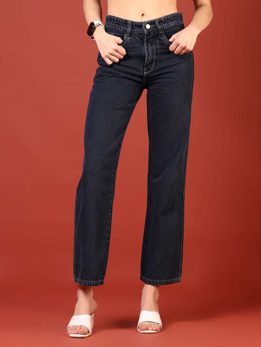 women navy blue solid mid rise ankle length jeans