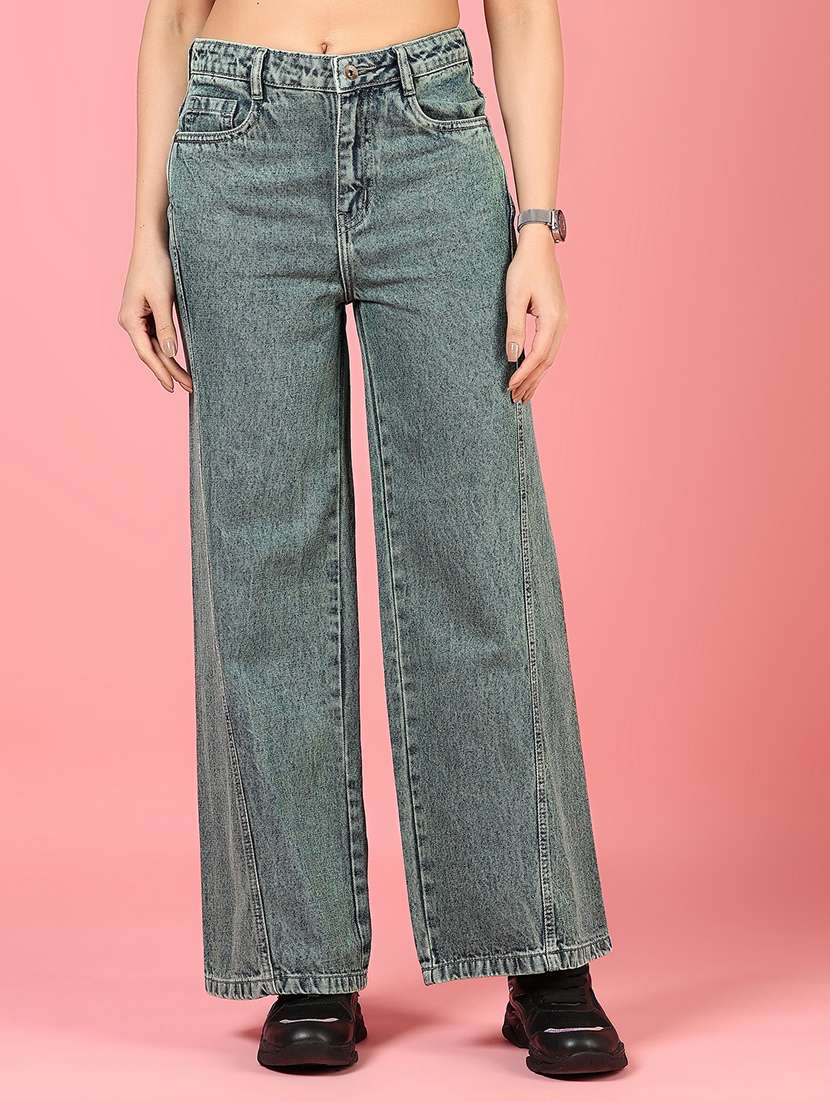 women solid high rise wide leg jean