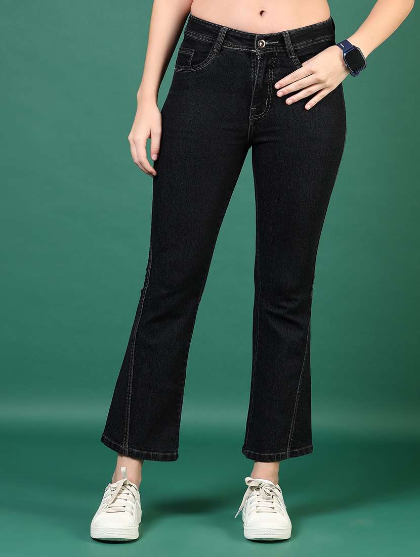 women black solid mid rise boot cut jeans