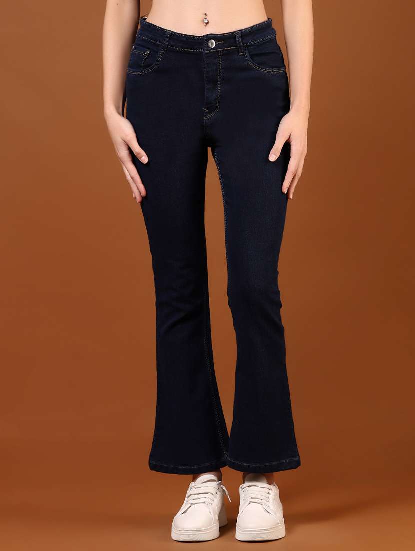 women navy blue solid mid rise bootcut jeans