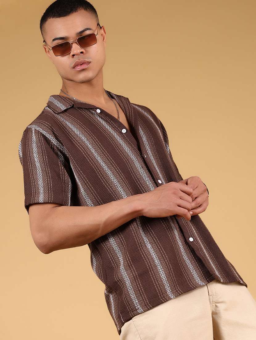 men striped short sleeve regular fit casual shirt