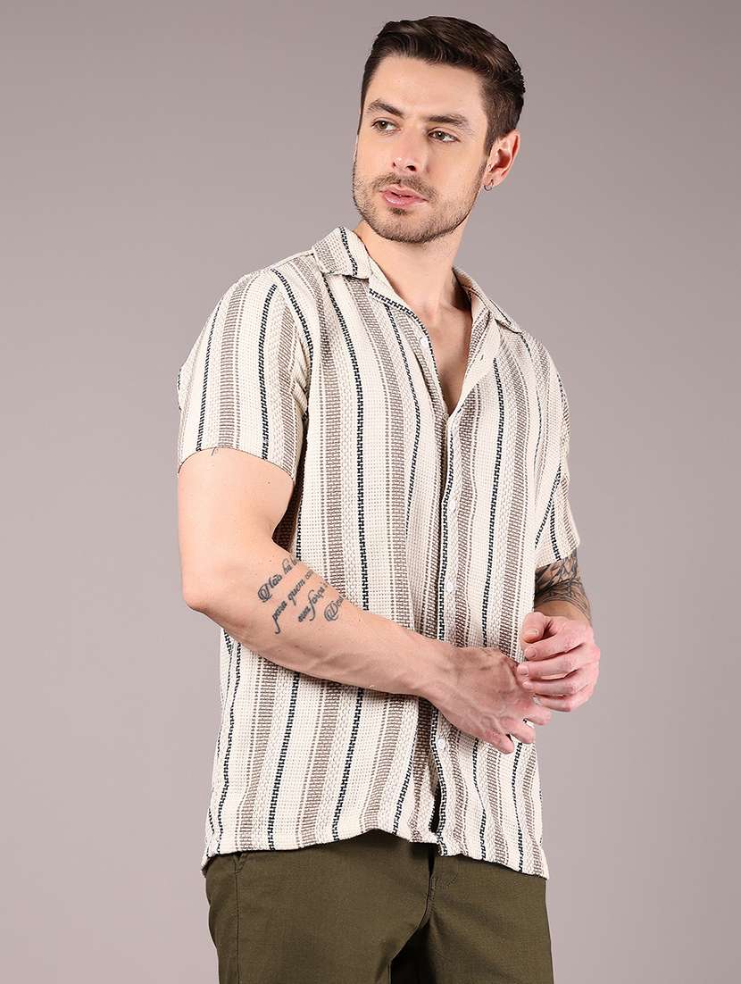 men striped cuban collaerd short sleeve casual shirt - 21863134 - Standard Image - 2