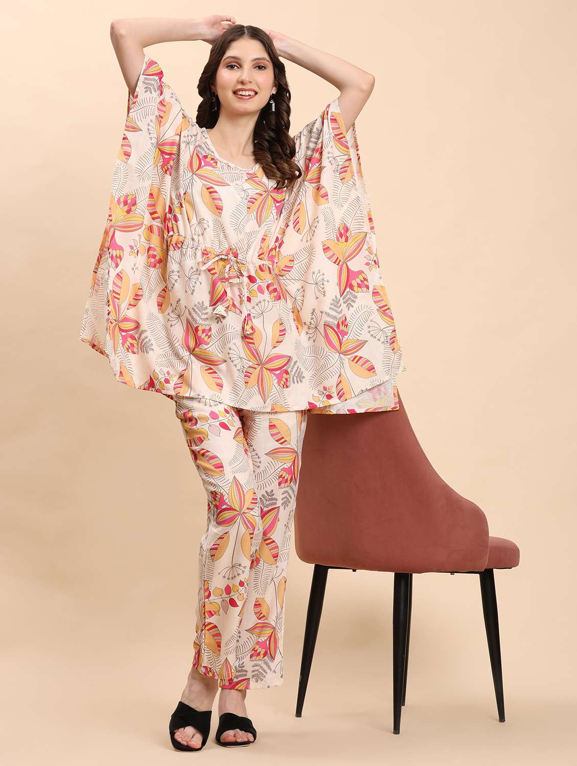 women printed kaftan top and trouser co-ord set