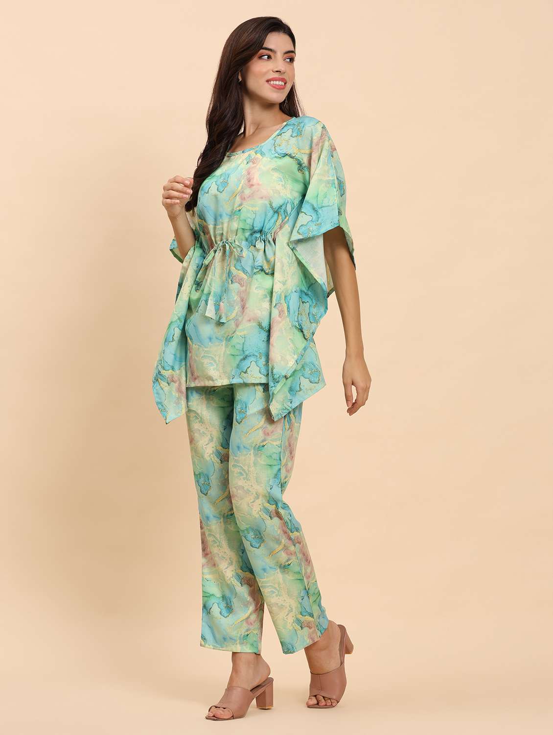 women printed kaftan top and trouser co-ord set - 21863840 - Standard Image - 2