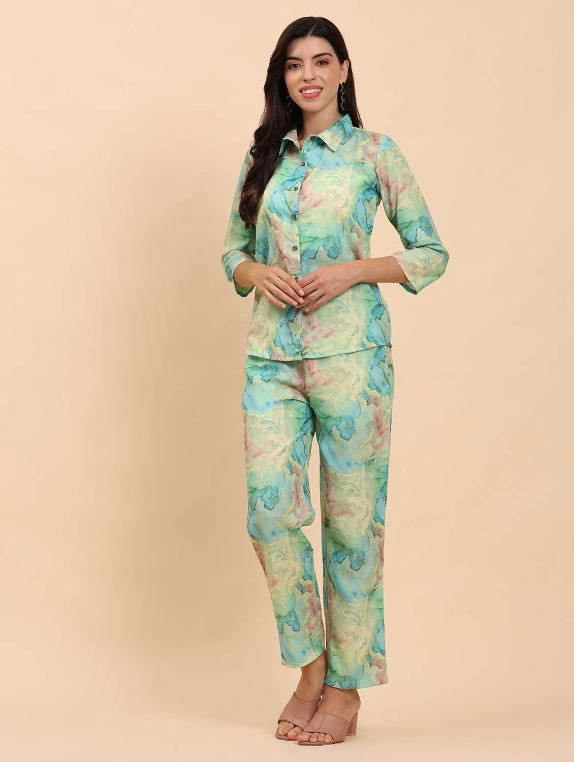 women printed shirt and trouser co-ord set - 21863870 - Standard Image - 2