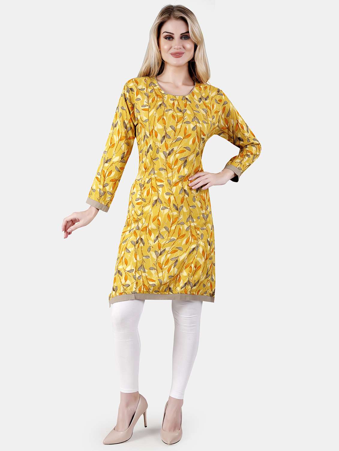 women printed long sleeve straight kurta 