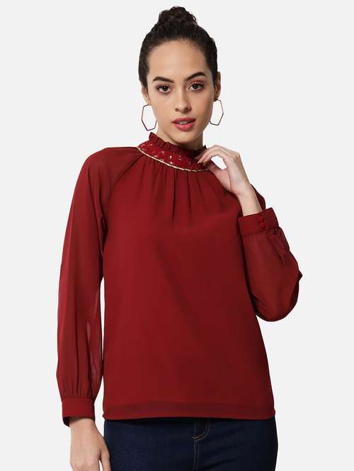 women solid high neck long sleeves regular top - 21863989 -  Standard Image - 0