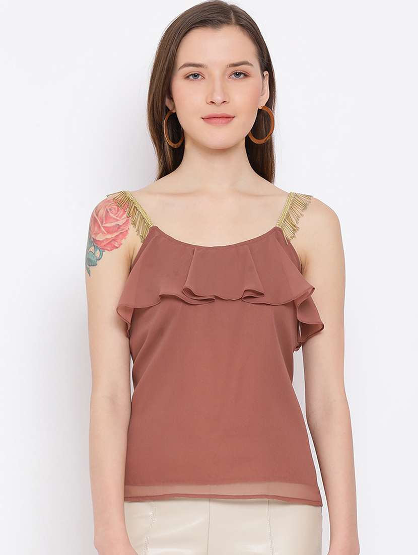 women solid shoulder strap regular top