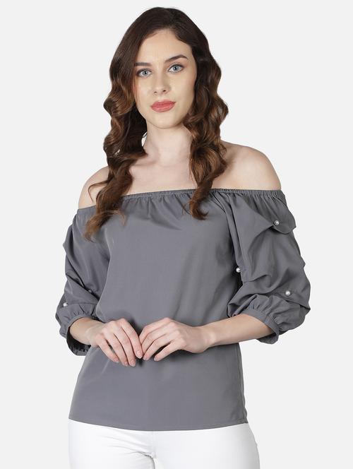 women solid off shoulder regular top - 21863994 -  Standard Image - 0