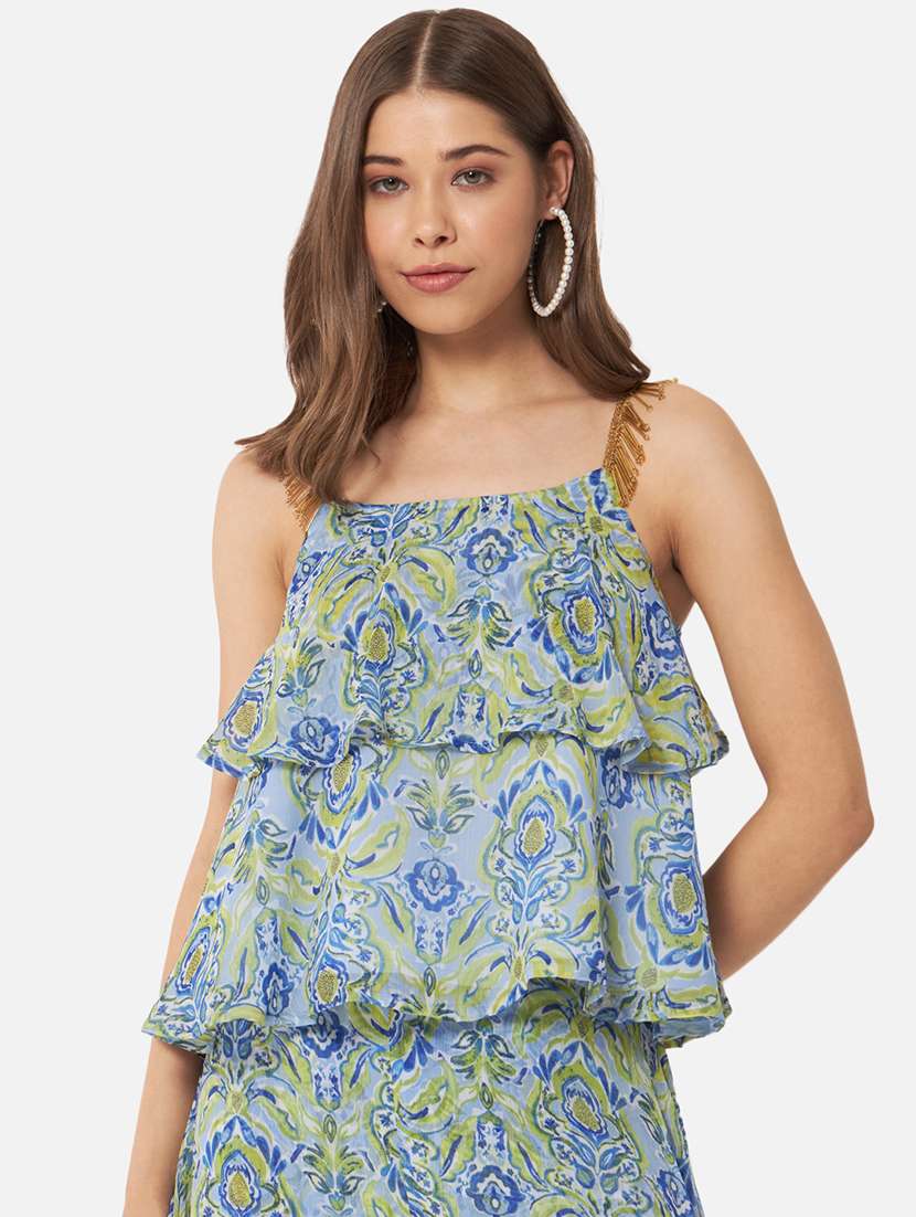 women printed shoulder strap layered top