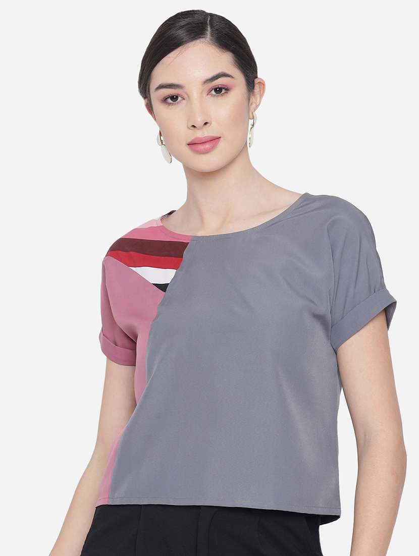 women solid blocked short sleeves regular top - 21864006 -  Zoom Image - 0