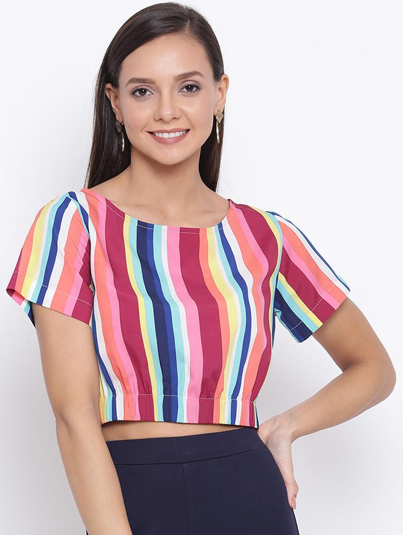 women striped short sleeves crop top - 21864011 -  Zoom Image - 0