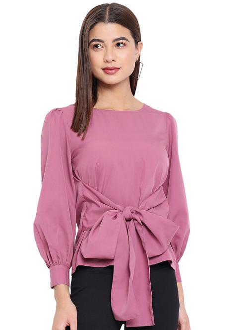 women solid tie up detailed regular top - 21864015 - Standard Image - 0