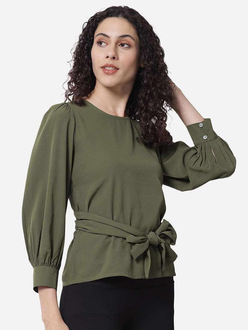 women solid long sleeves tie up detailed regular top - 21864017 -  Standard Image - 2