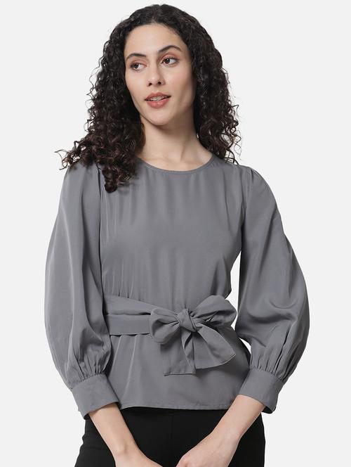 women solid tie up detailed regular top - 21864018 - Standard Image - 0
