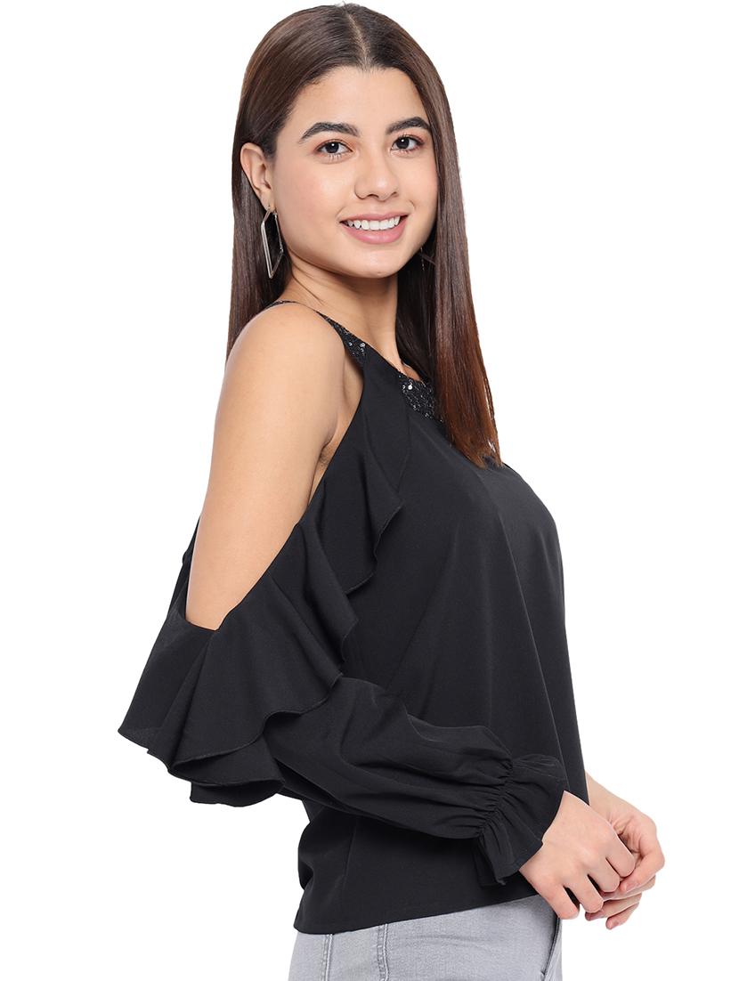 women solid cold shoulder regular top - 21864025 - Standard Image - 2
