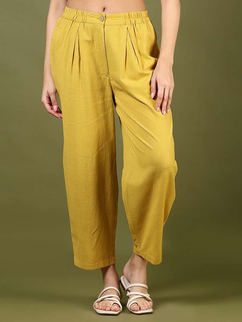 women yellow solid mid rise straight trouser