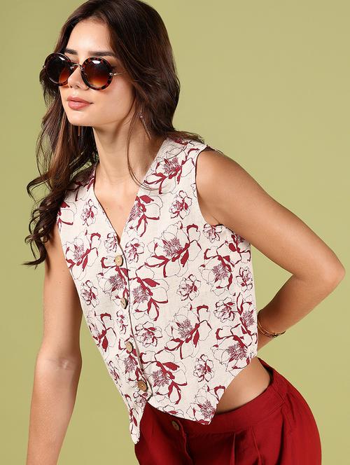 women off white printed sleeveless crop top - 21864441 -  Standard Image - 0