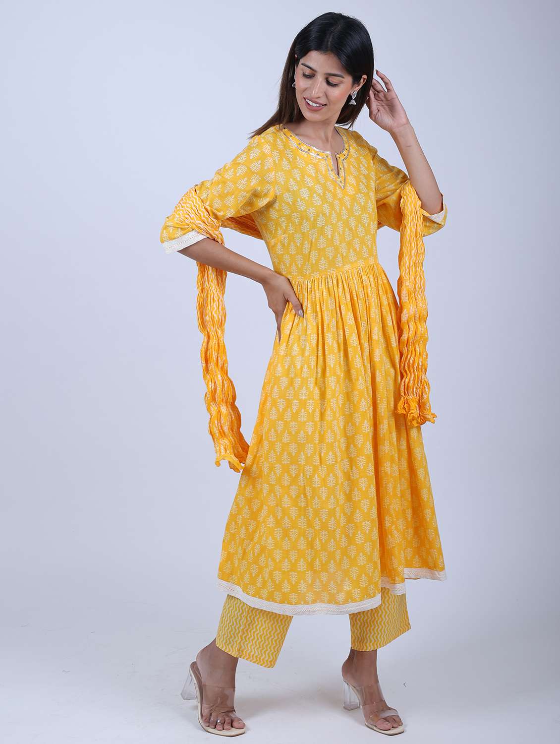 women three quarter sleeve kurta pant with dupatta set - 21865755 -  Standard Image - 2