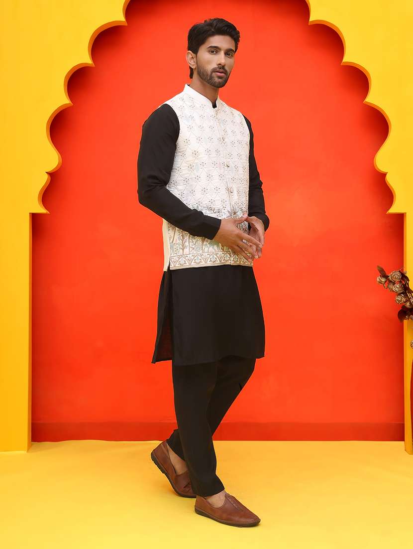 men mandarin neck kurta pyjama with jacket ethnic wear set - 21866014 -  Standard Image - 2