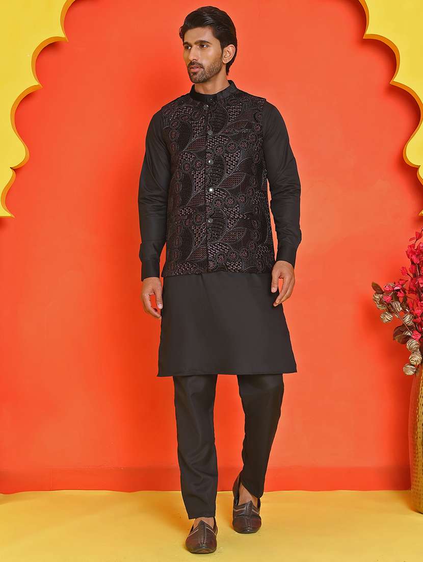 men mandarin neck kurta pyjama with jacket ethnic wear set