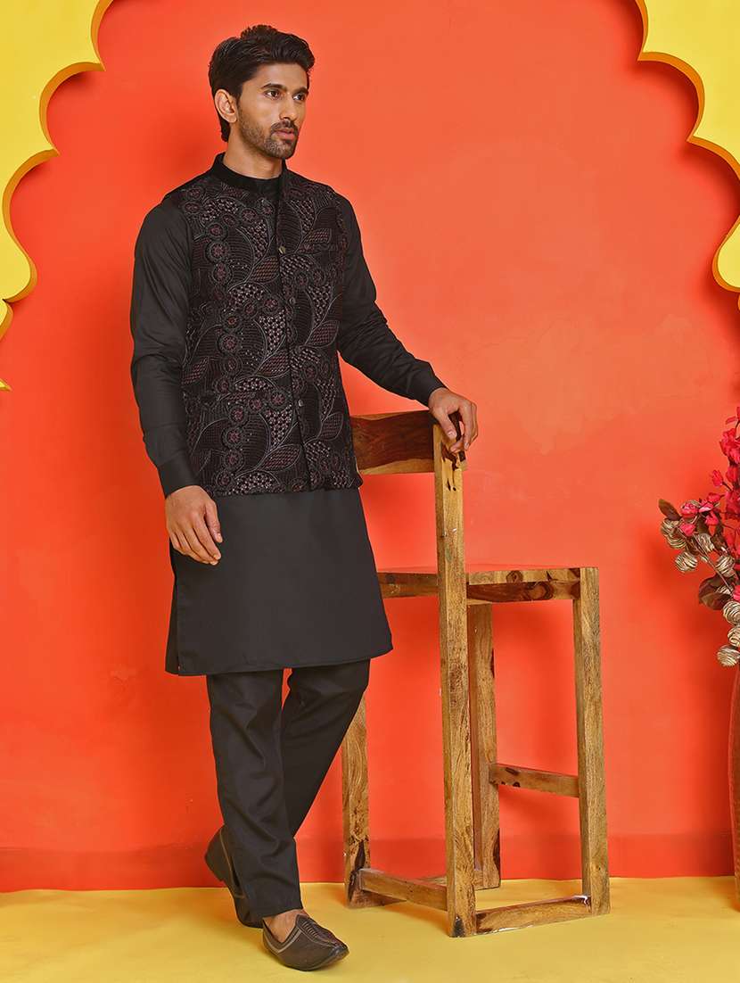 men mandarin neck kurta pyjama with jacket ethnic wear set - 21866022 -  Standard Image - 2