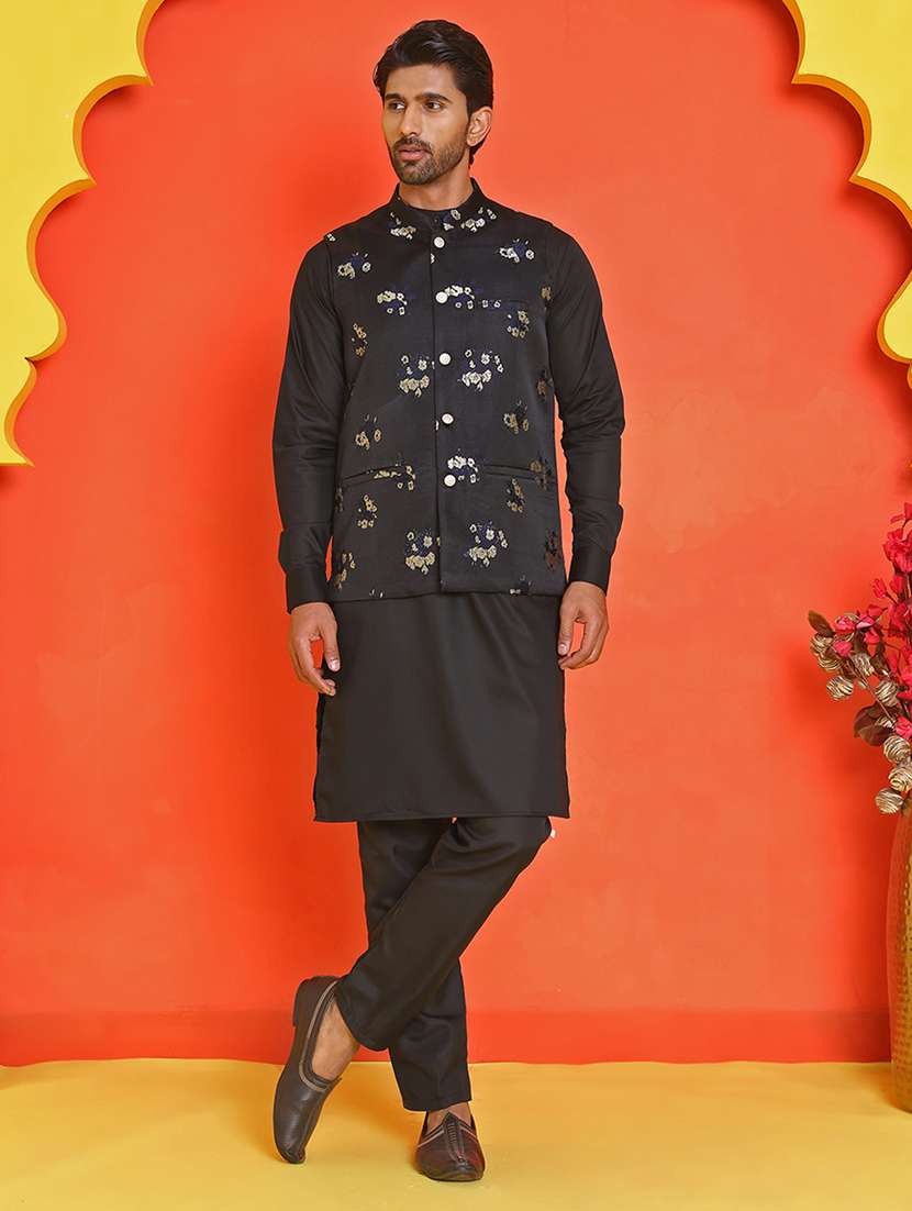 men mandarin neck kurta pyjama with jacket ethnic wear set