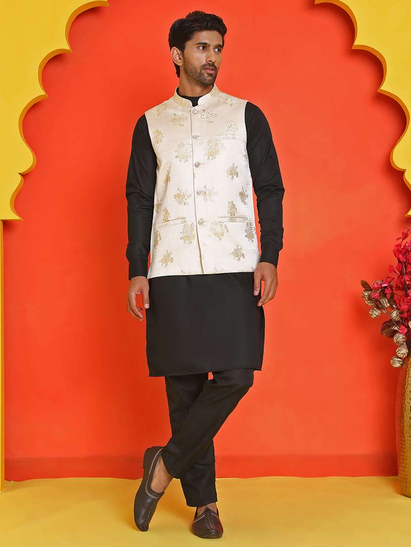men mandarin neck kurta pyjama with jacket ethnic wear set