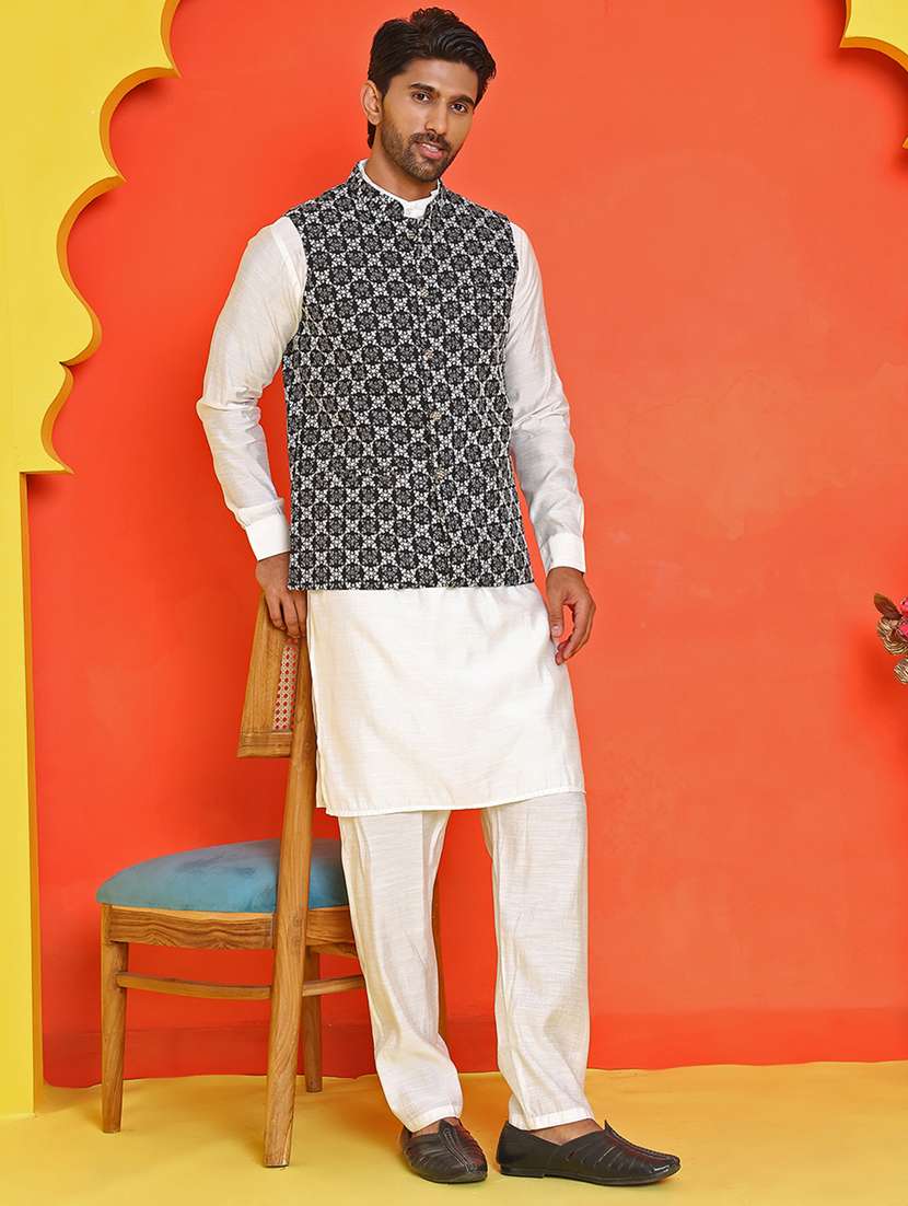 men mandarin neck kurta pyjama with jacket ethnic wear set - 21866025 -  Standard Image - 2