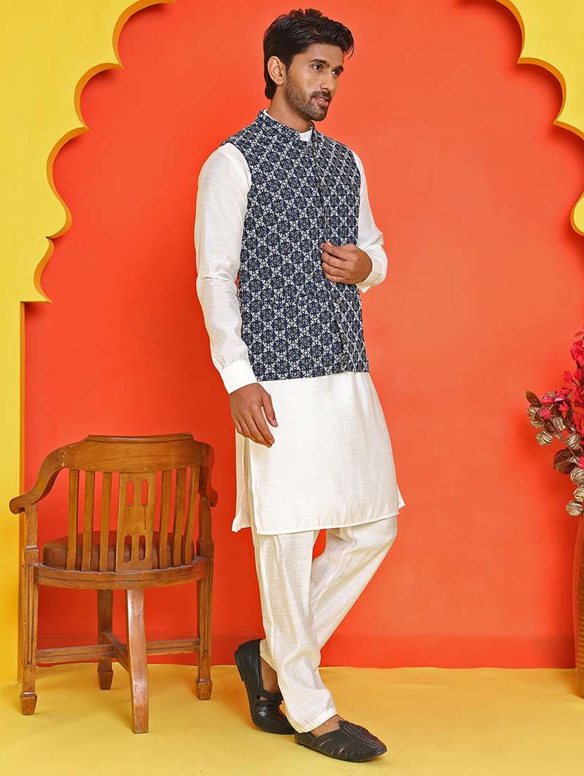 men mandarin neck kurta pyjama with jacket ethnic wear set - 21866026 -  Standard Image - 2