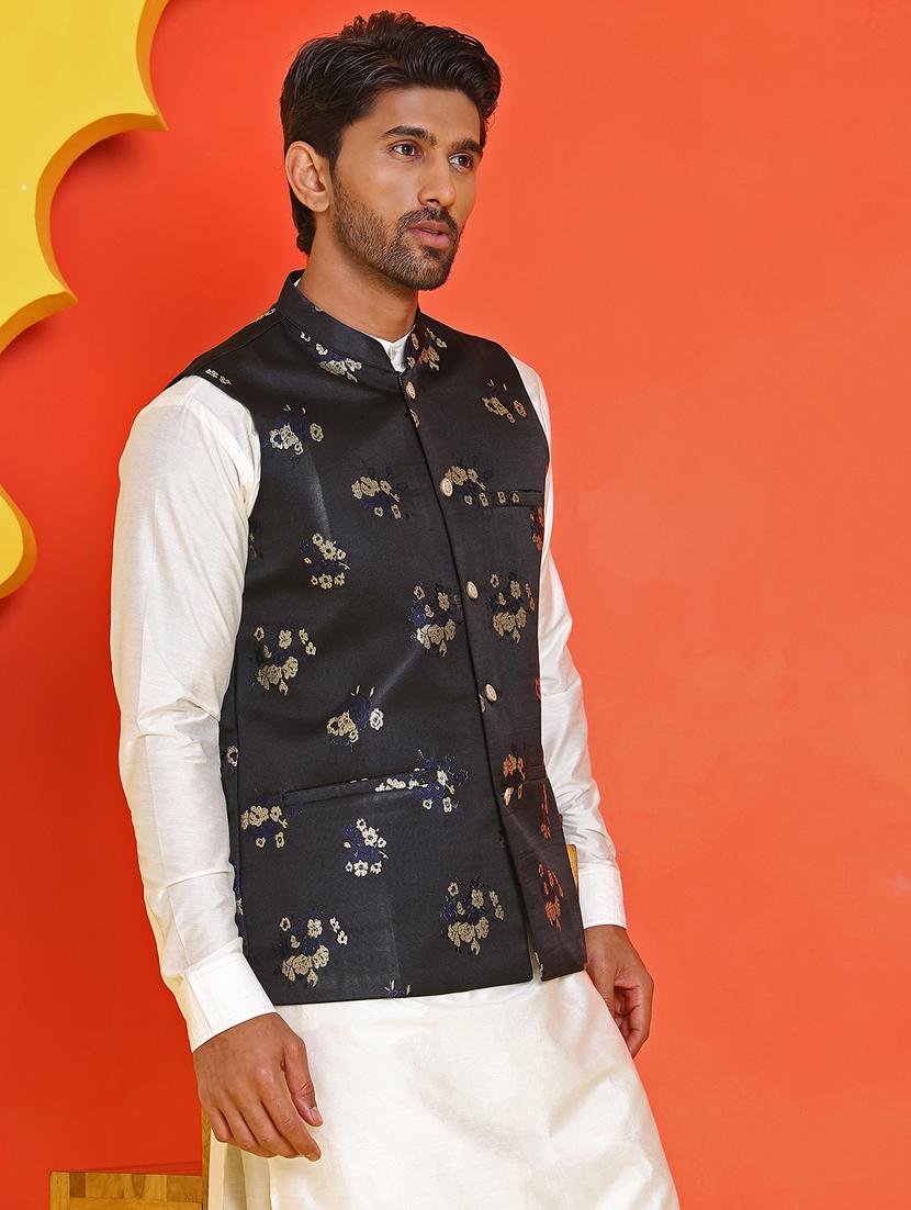 men mandarin neck kurta pyjama with jacket ethnic wear set - 21866028 - Standard Image - 2
