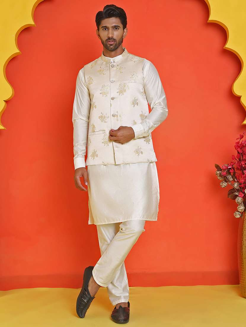 men mandarin neck kurta pyjama with jacket ethnic wear set