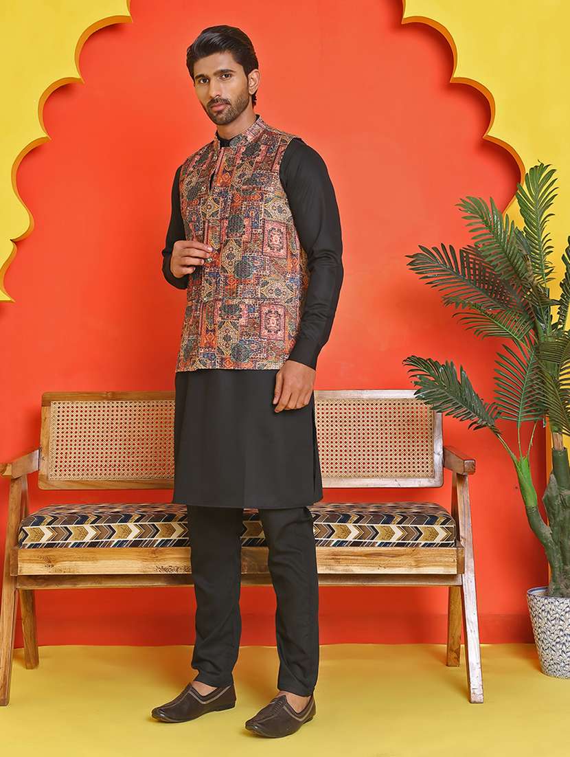 men mandarin neck kurta pyjama with jacket ethnic wear set - 21866030 -  Standard Image - 2