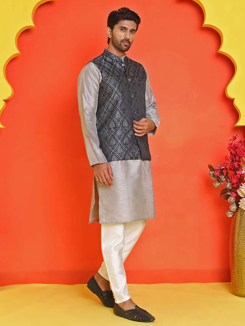men mandarin neck kurta pyjama with jacket ethnic wear set - 21866032 -  Standard Image - 2