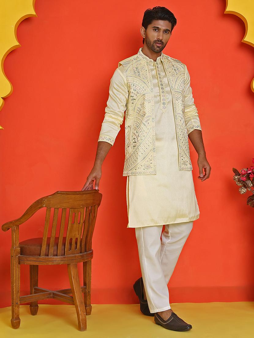 men mandarin neck kurta pyjama with jacket ethnic wear set - 21866034 - Zoom Image - 0