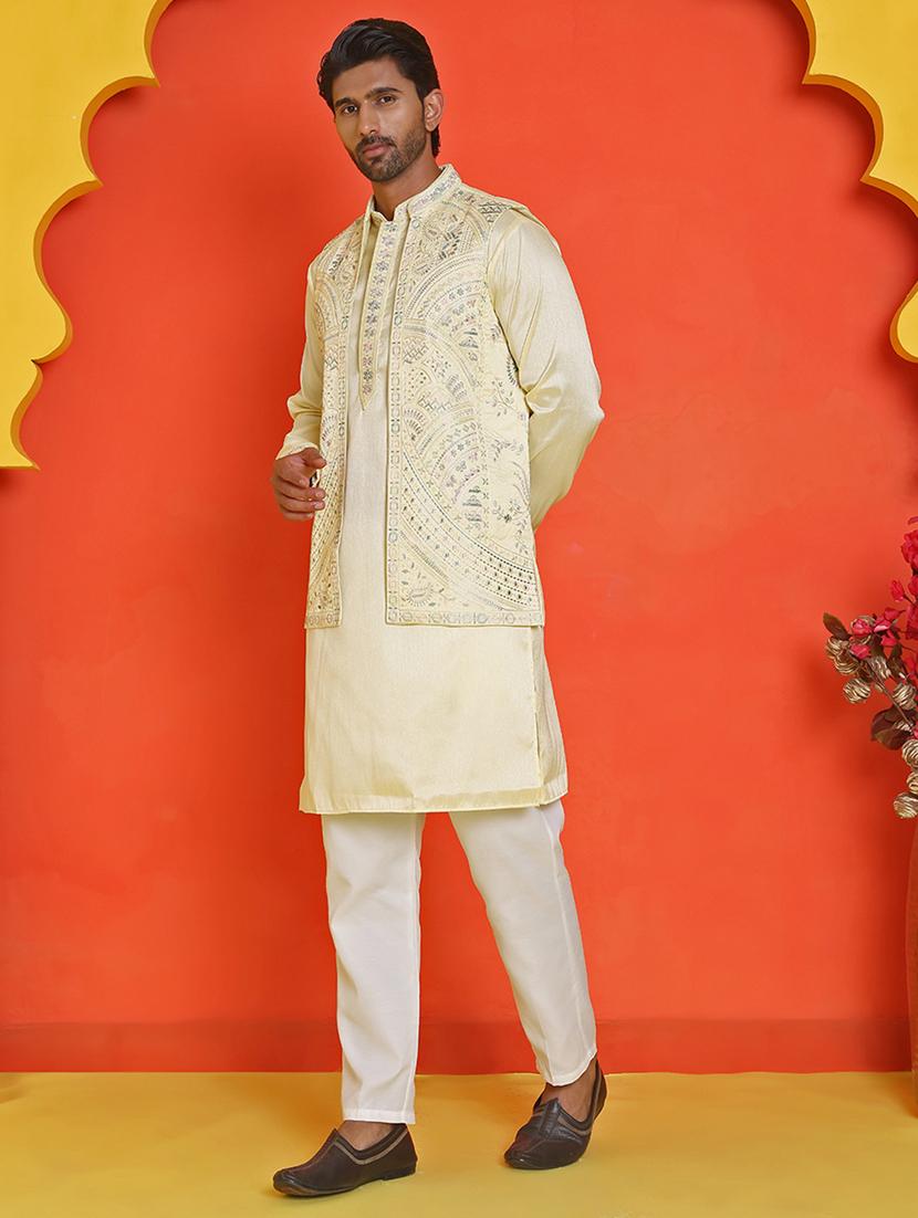 men mandarin neck kurta pyjama with jacket ethnic wear set - 21866034 - Standard Image - 2