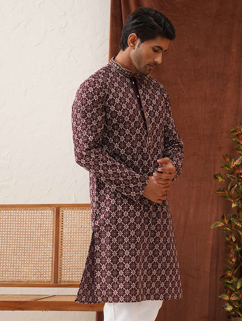 men embroidered mandarin neck long kurta - 21866539 - Standard Image - 2