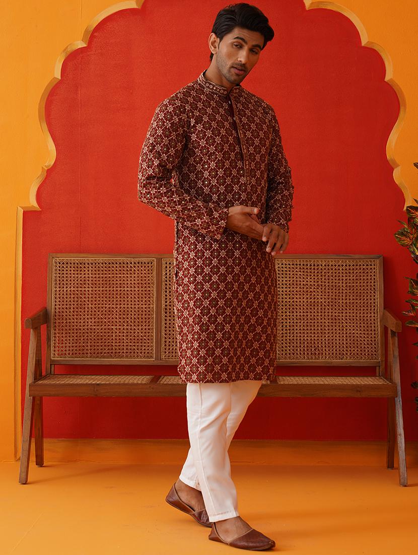 men embroidered mandarin neck kurta pyjama ethnic wear set - 21866583 - Standard Image - 2