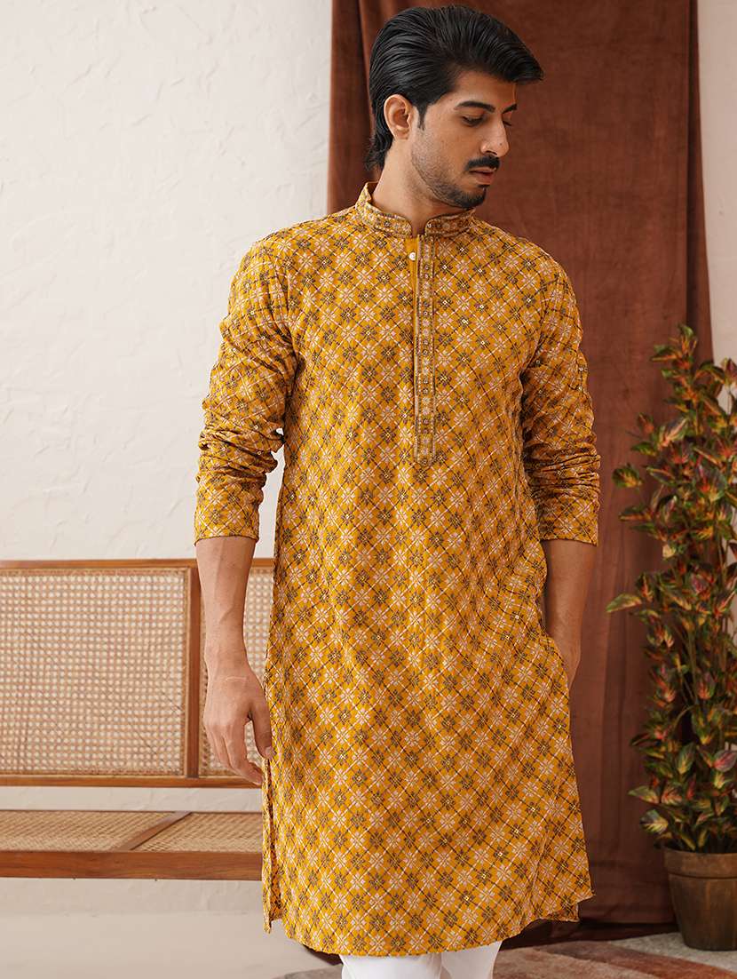 men embroidered mandarin neck kurta pyjama ethnic wear set