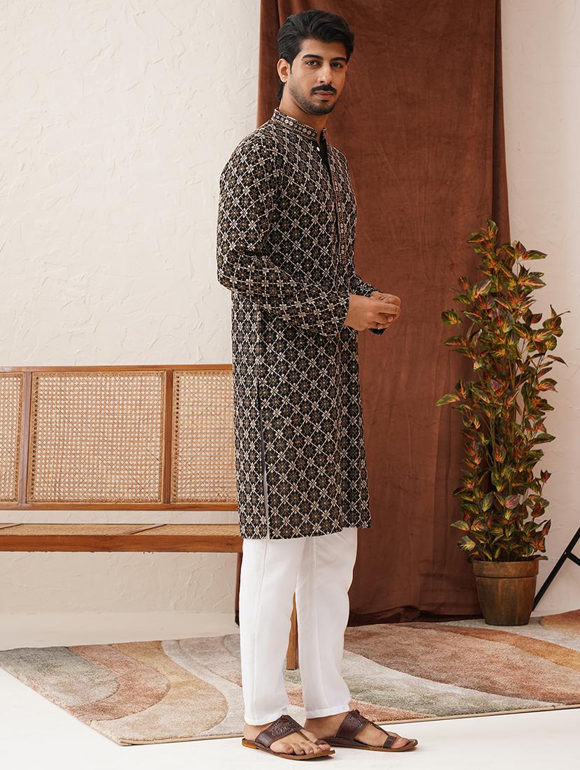 men embroidered mandarin neck kurta pyjama ethnic wear set - 21866587 - Standard Image - 2
