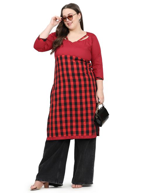women checkered three quarter sleeve plus size straight kurta - 21866617 - Standard Image - 0