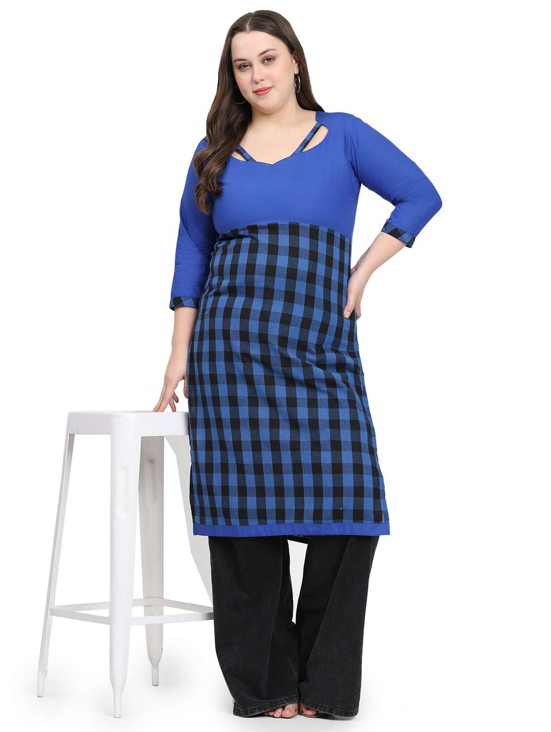 women checkered three quarter sleeve plus size straight kurta - 21866618 - Zoom Image - 0