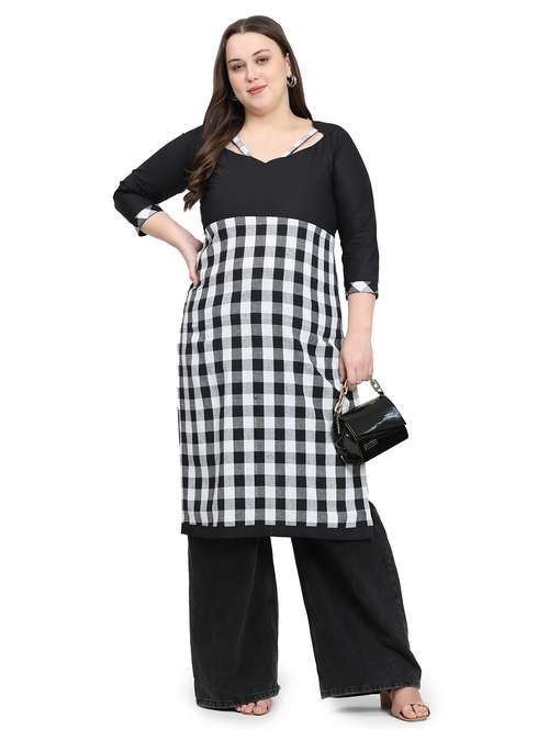 women checkered three quarter sleeve plus size straight kurta - 21866619 - Standard Image - 0